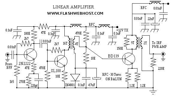 Linear Amplifier used in 7MHz SSB Ham Radio Transceiver using 2N2222A, SL100B and BD139.