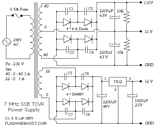 Circuit diagram of Power Supply for 7MHz SSB Ham Radio Transceiver.
